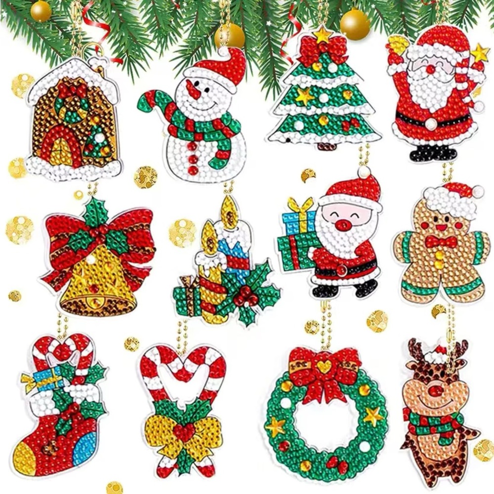 12 DIY Christmas Ornaments, Diamond Painting Kit, Includes Tools & Rhinestones